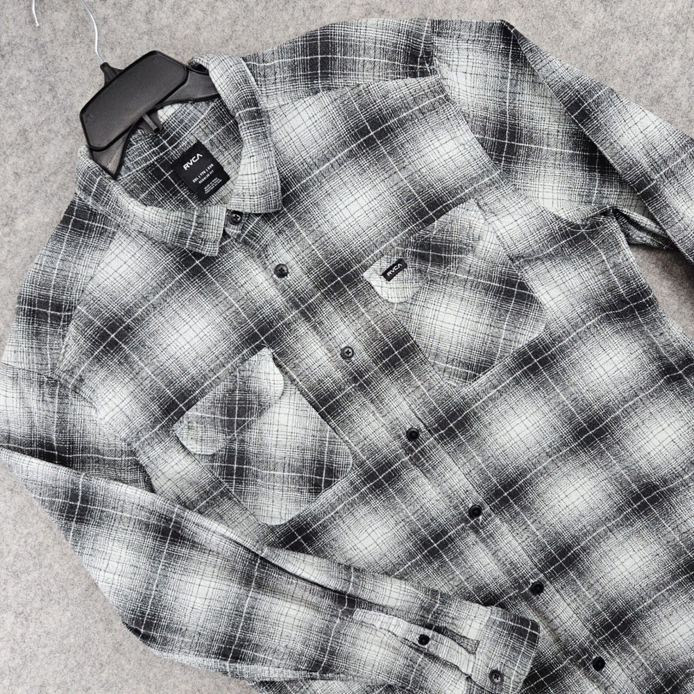 RVCA Flannel Shirt Men's XXL Black White Plaid Regular Fit Long Sleeve Woven